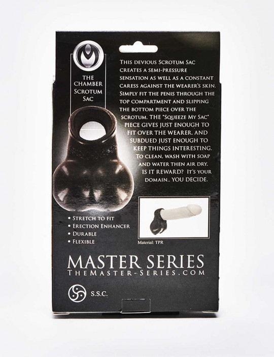 Black TPR Cock Ring Squeeze My Sack from Master Series back packaging