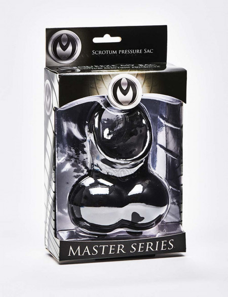 Black TPR Cock Ring Squeeze My Sack from Master Series packaging