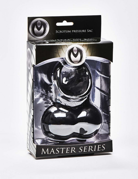 Black TPR Cock Ring Squeeze My Sack from Master Series packaging