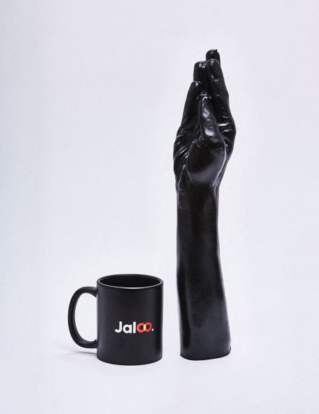 XL Dildo Fisting from All Black in 37cm compared to a mug